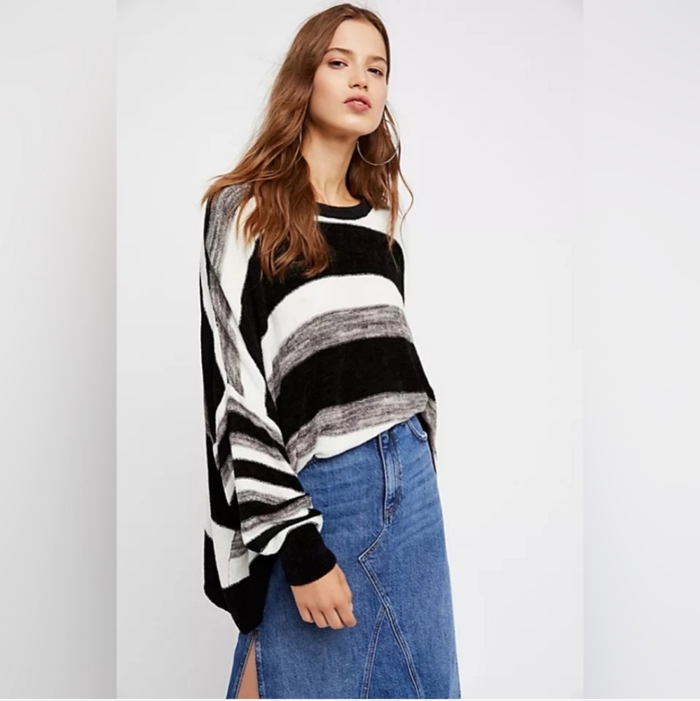 Free People All About You Black Striped Chenille Slouchy Pullover Sweater XL